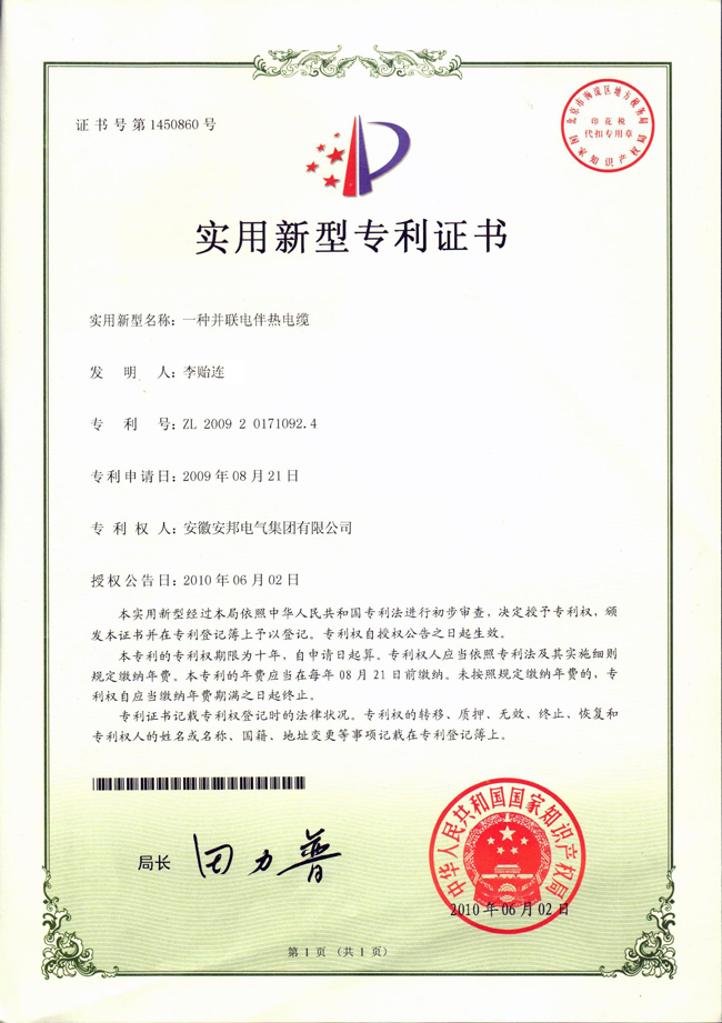並聯電正能量入口電纜實用新型專利證書